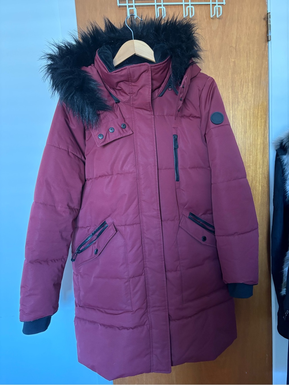 Womenβs Burgundy Puffer Coat with Faux Fur Hood